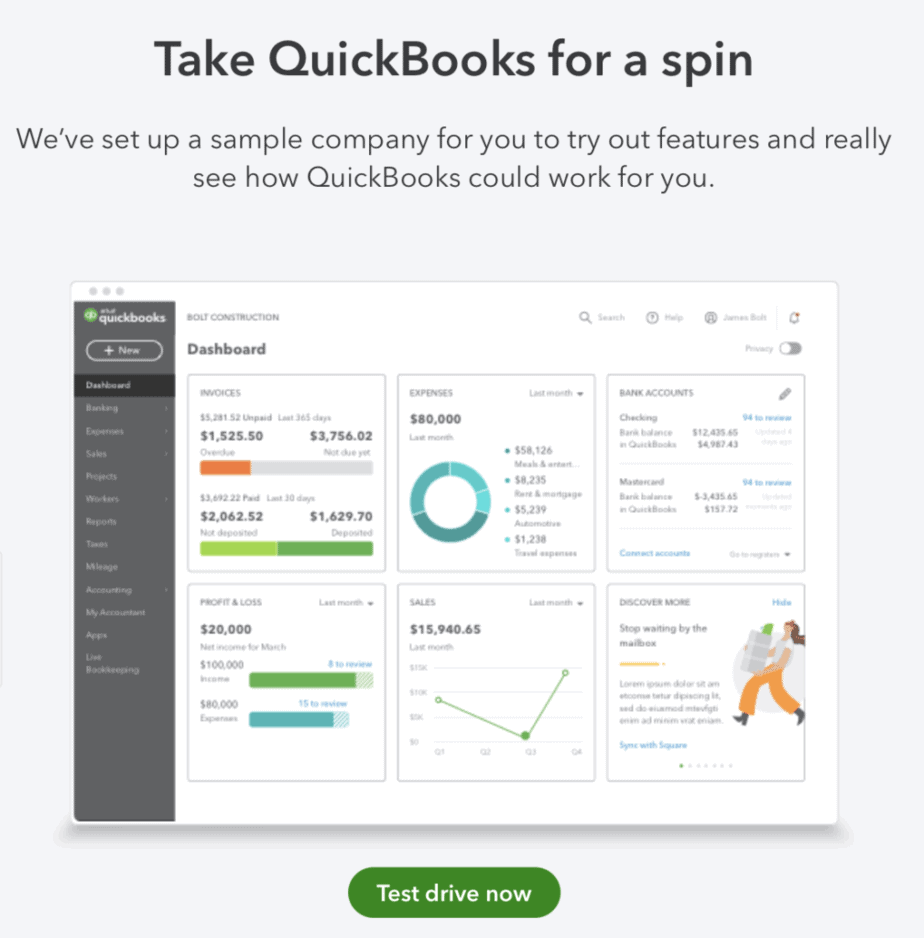 QuickBooks free test of features using cample company