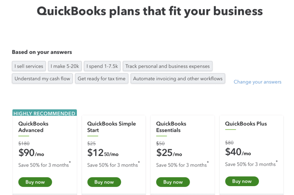 QuickBooks quiz to recommend personalized plan