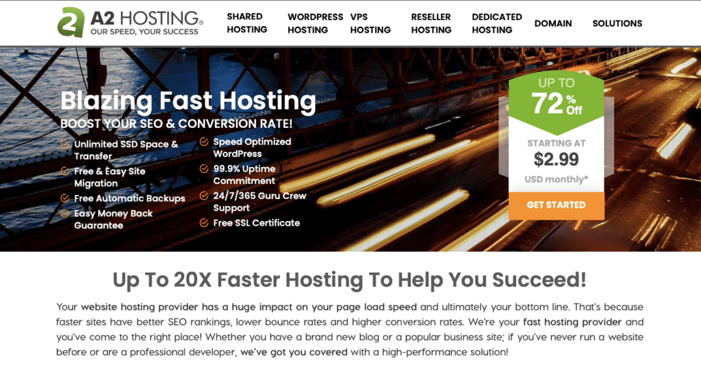 A2 hosting homepage