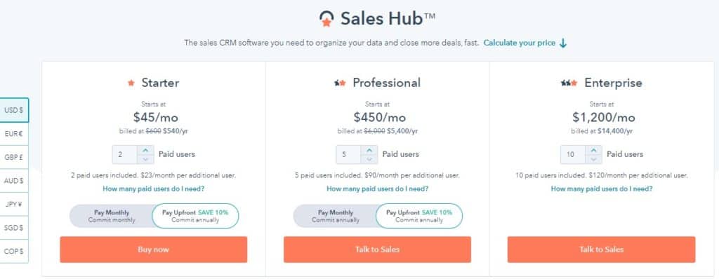 HubSpot Sales Hub™ Pricing Plan