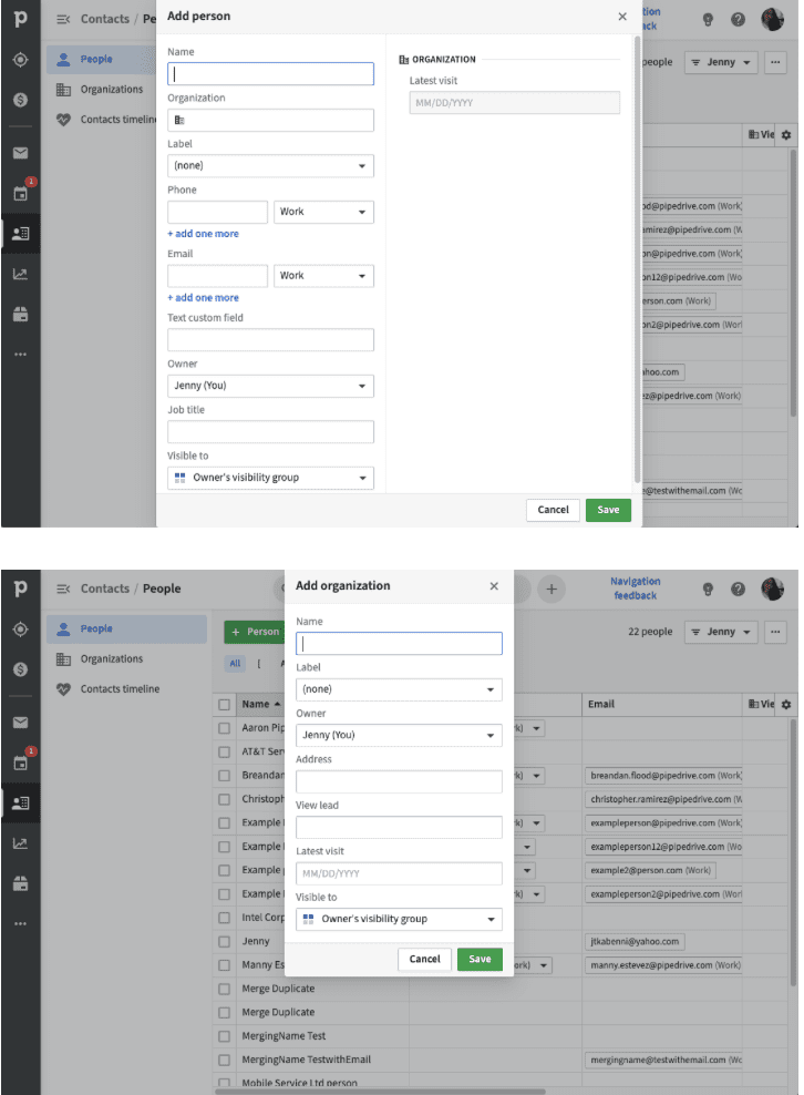 pipedrive creating database for individual contacts and organizations