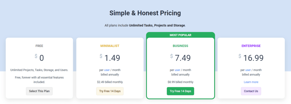 Freedcamp Pricing Plans - Monday Alternative