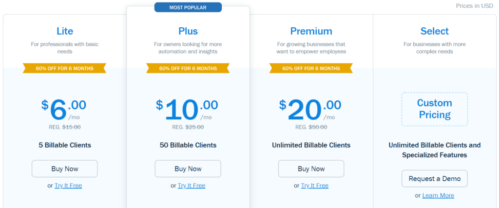 FreshBooks Monthly Pricing