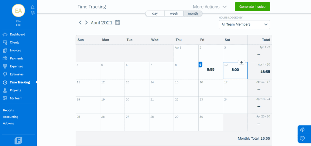FreshBooks Time Tracking Month View