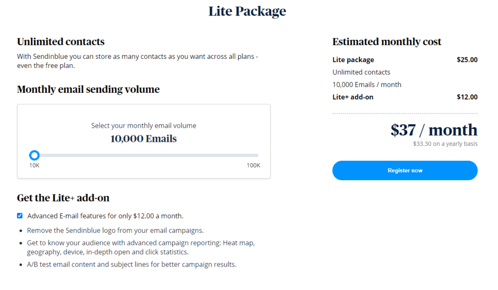 Sendinblue Lite Package for 10,000 emails with Lite+ add-on