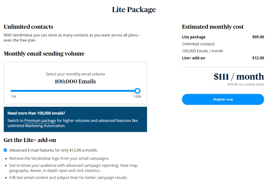 Sendinblue Lite Package for 100,000 emails with Lite+ add-on