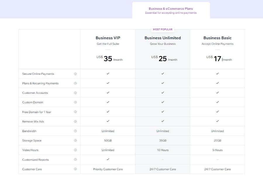 Wix Business Pricing Plans