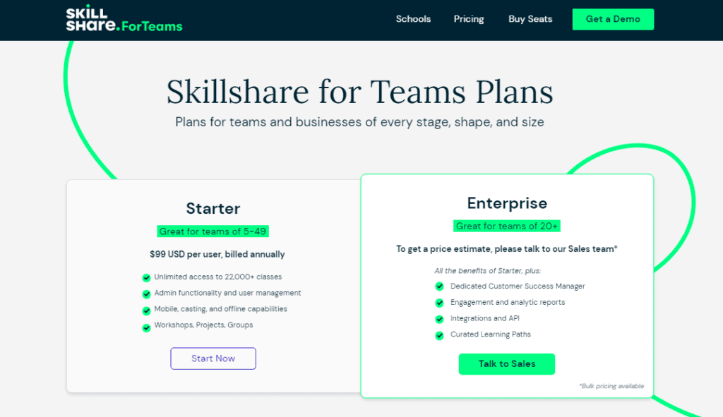skillshare vs. udemy - skillshare team plans