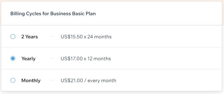 Wix Billing Cycles for Business Basic Plan