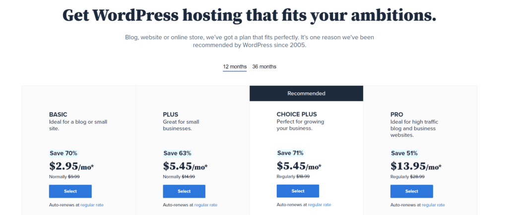 BlueHost WP Pricing Plans