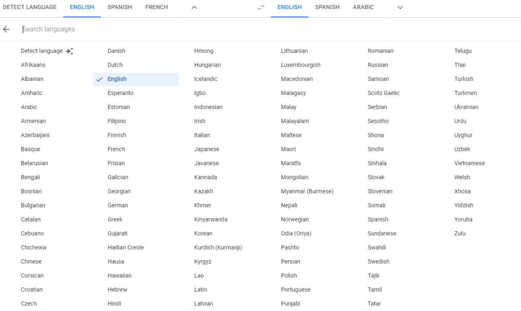 Google Translate Language List