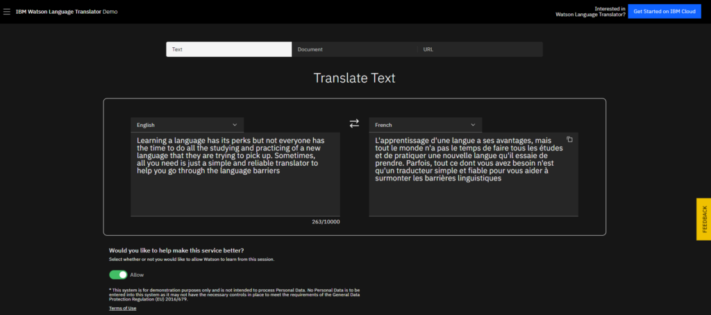 IBM Watson Translate Text Feature