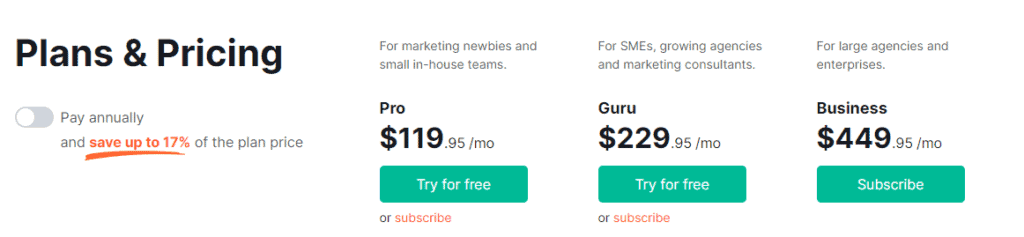 SEMrush Monthly Pricing Plans