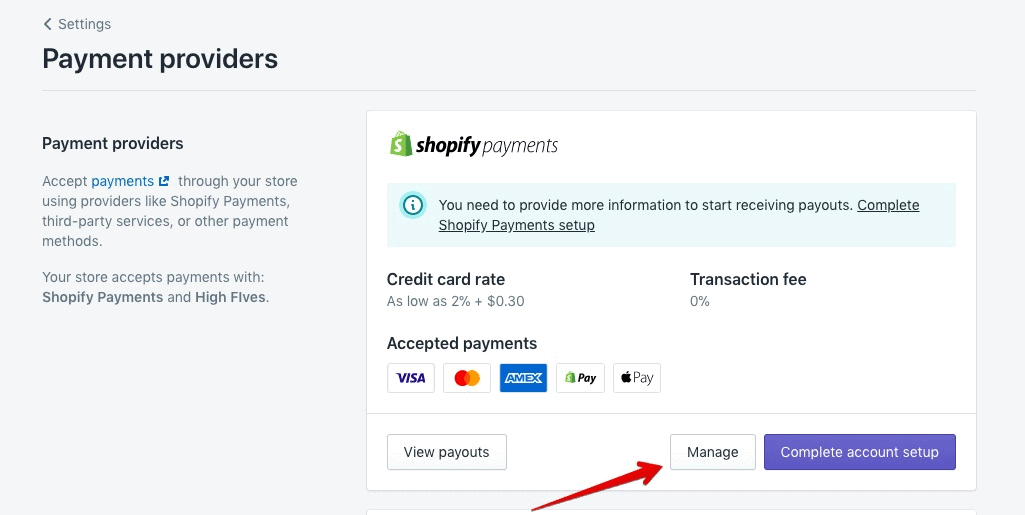 Shopify key feature: payment providers