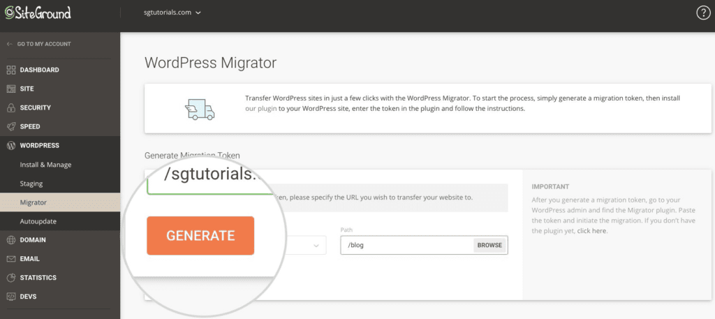 siteground generate token for migration
