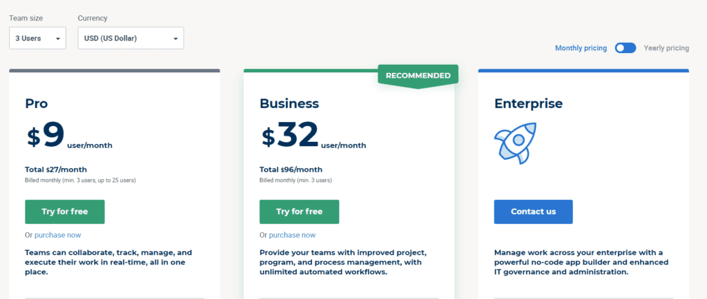 Smartsheet Monthly Pricing Plans