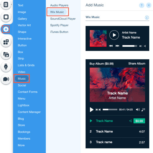 wix key feature: wix music