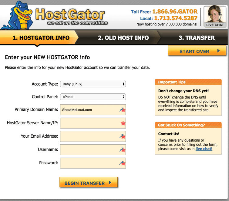 An interface to transfer website to Hostgator