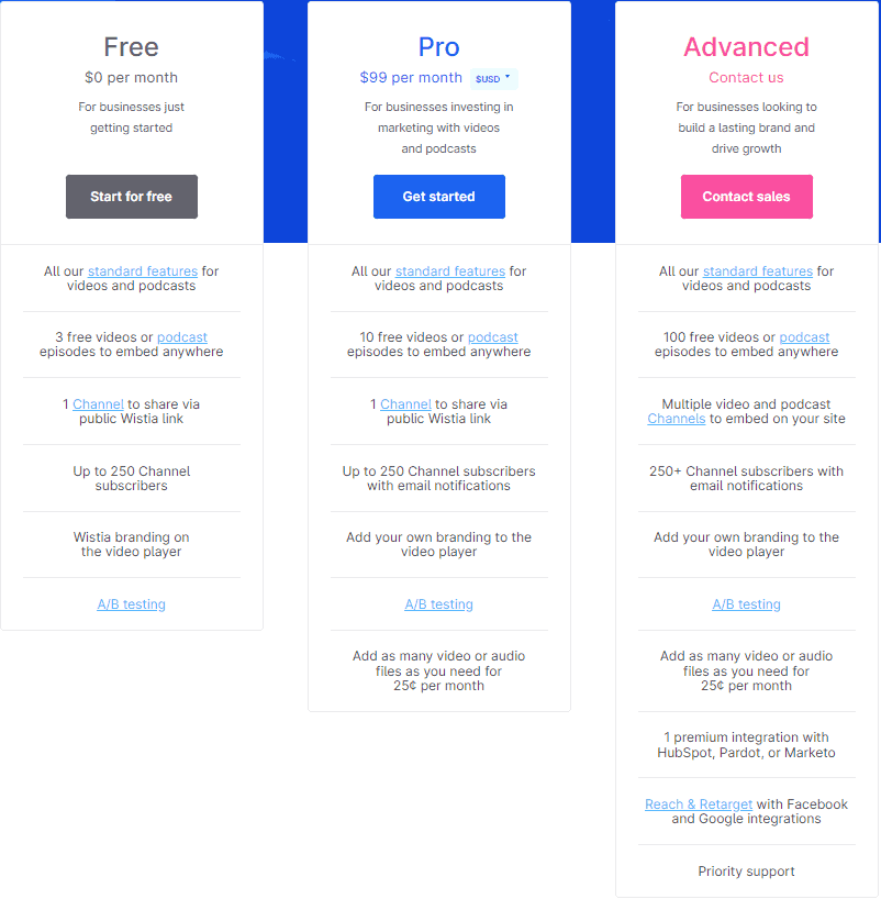 Pricing options for Wistia