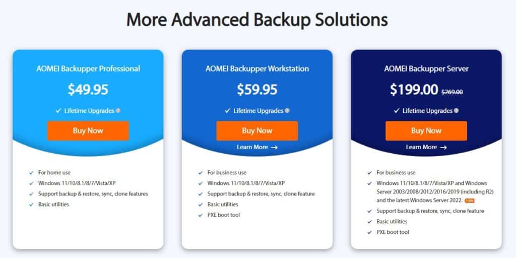 AOMEI Backupper backup software pricing plans