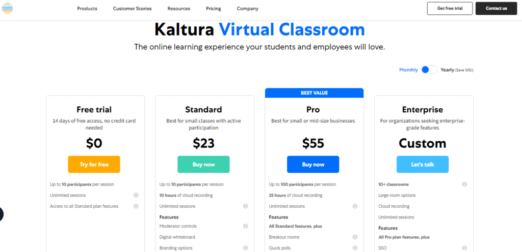 Virtual Classroom Software - Kaltura Pricing