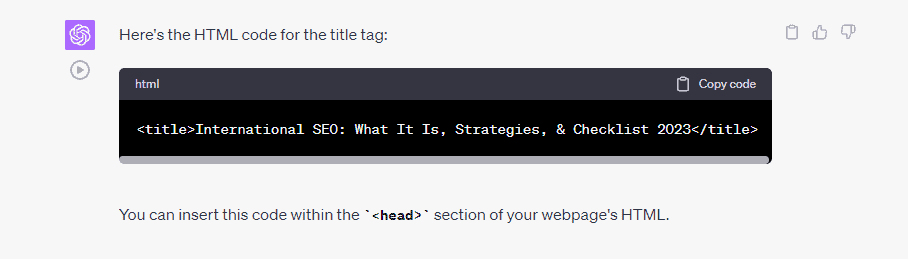 Content Optimization for SEO - ChatGPT Title Tag HTML Code Example