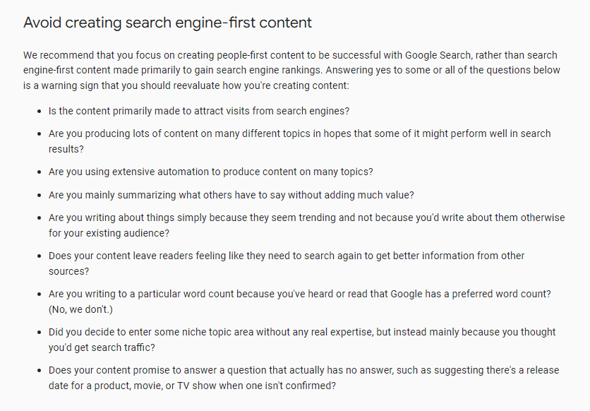 Content Optimization for SEO - Google Guidelines About Avoiding Search-Engine First Content