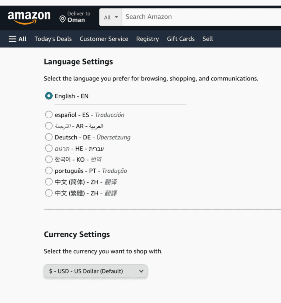 International SEO - Amazon Languages & Currency Example
